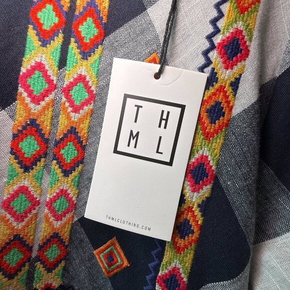 Women's NWT S THML Blue Plaid Aztec Embroidered Detail Front Dress - Picture 6 of 9